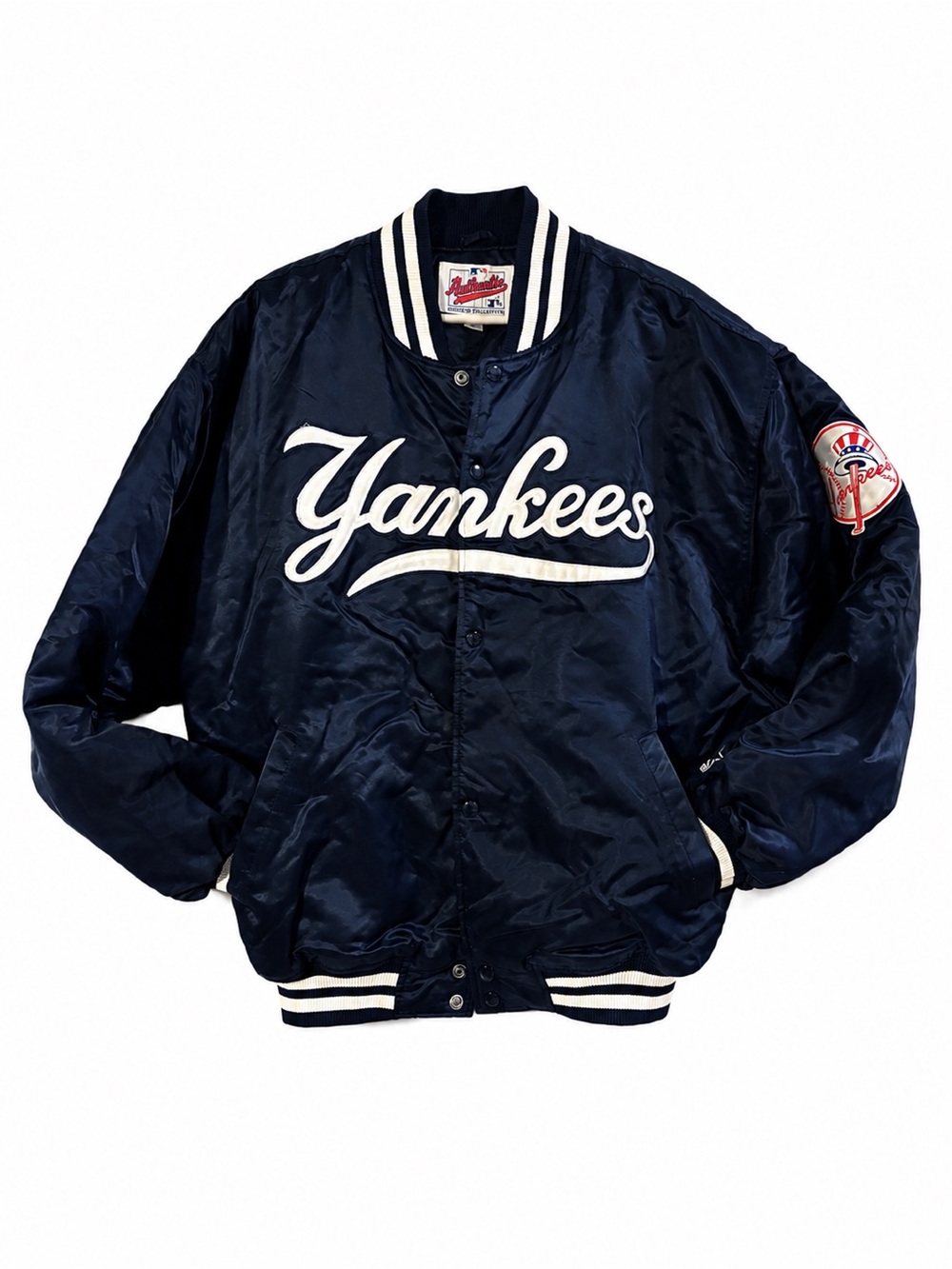 New York Yankees Navy Satin Bomber Jacket. Vintage quilt lined. XL
